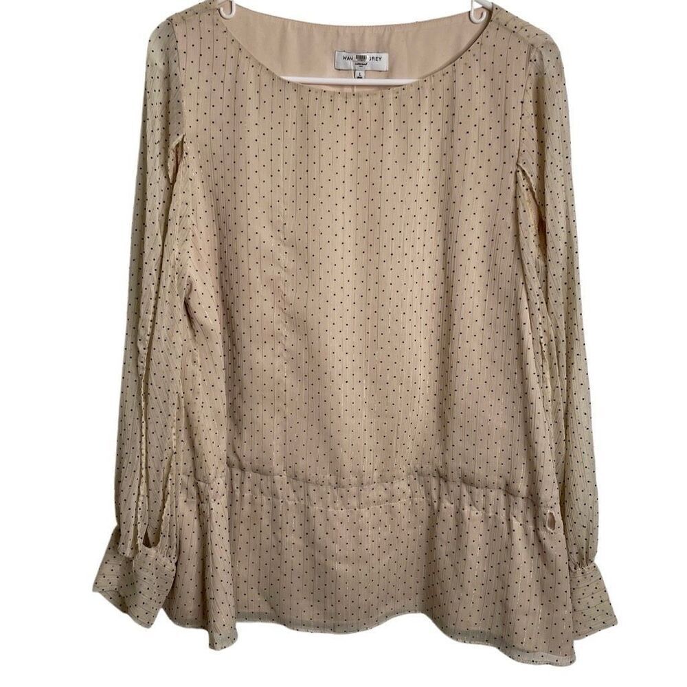 Waverly Grey Womens Split Sleeve Blouse L Beige Black Swiss Dot Layered Business